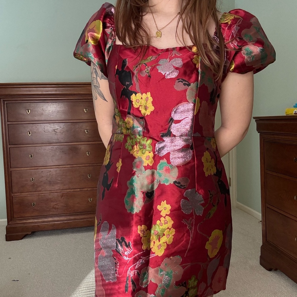 Lulu's Red Floral Puff Sleeve Jacquard Mini Dress